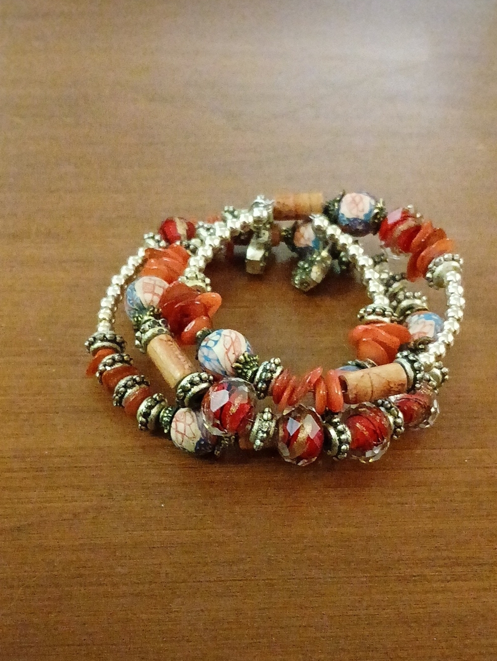 Beaded Red Multi-Strand 3 Layer Coil Wrap Around Bracelet - Women's Jewelry